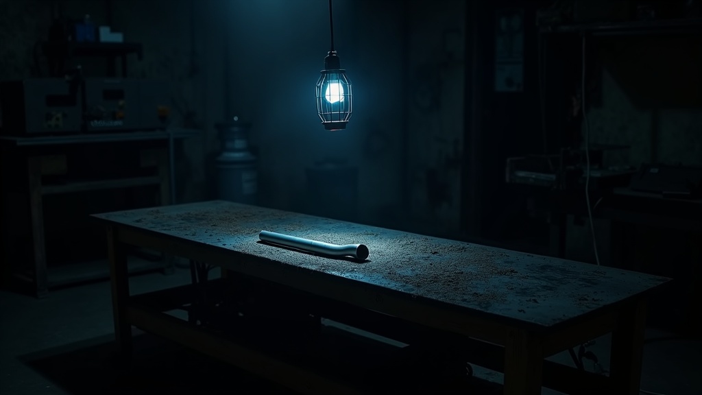 A dark workshop bench still covered in metal shavings and offcuts from the previous job, one work lamp overhead