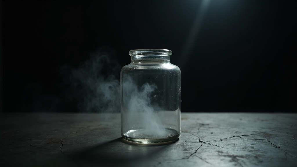 A sealed glass containment vessel on a steel bench in a dark lab, standing alone under a single light