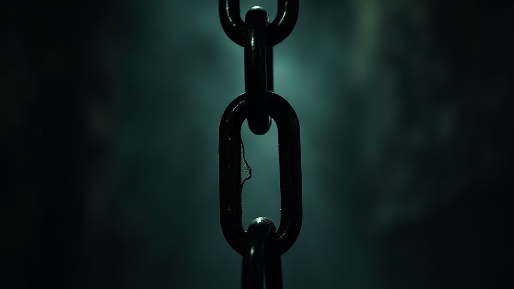 A heavy iron chain hanging in near darkness with one link cut clean through, the two halves of the chain held apart by a visible gap.
