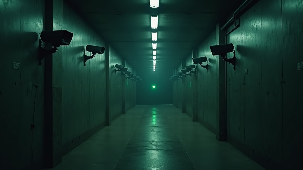 A dark concrete corridor lined with identical wall-mounted camera brackets, one bracket empty and unlit