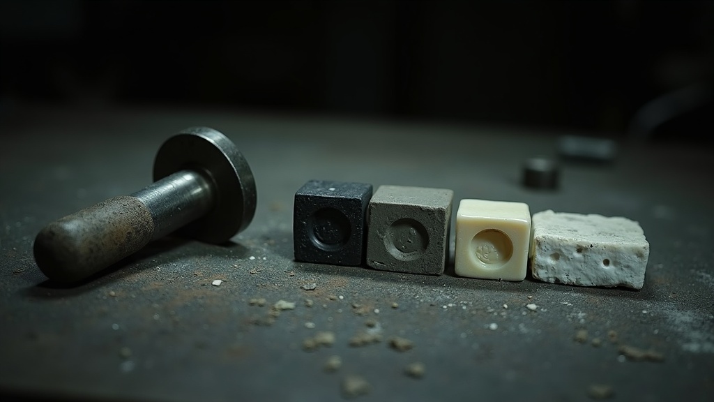 A steel hand punch lying on its side beside a row of four small material blocks, each carrying the same impression: crisp in pale wax, softer in grey clay, faint in dark lead sheet, and shallow in white plaster.