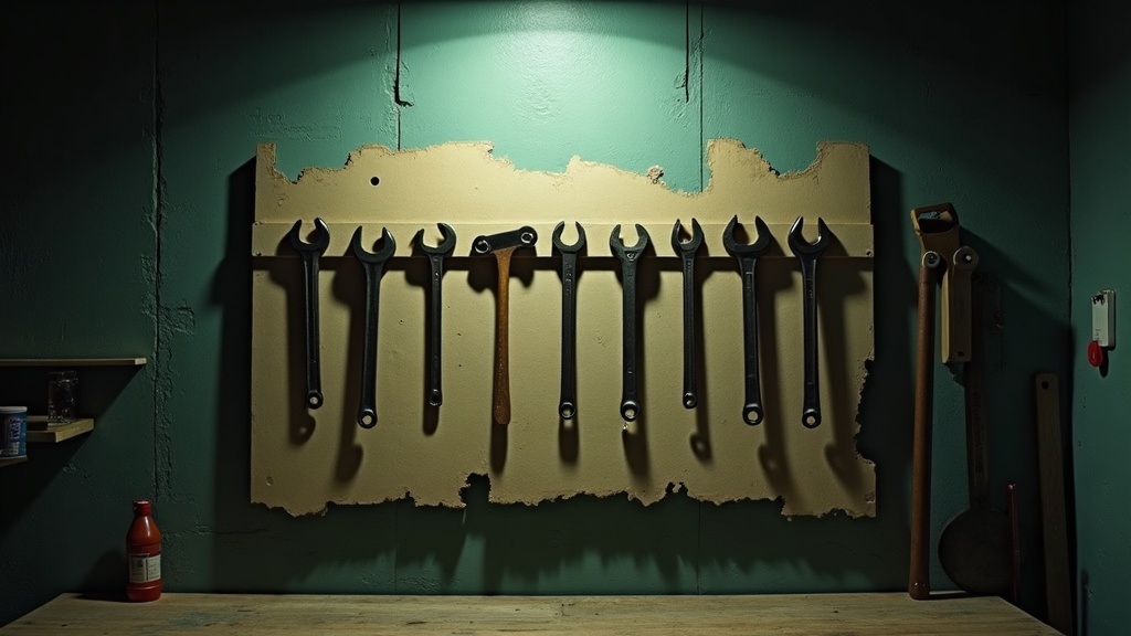 A workshop tool board where each tool hangs inside a painted outline matching its own shape, except one large wrench hung across a much smaller outline of a completely different shape, jutting well past its edges.
