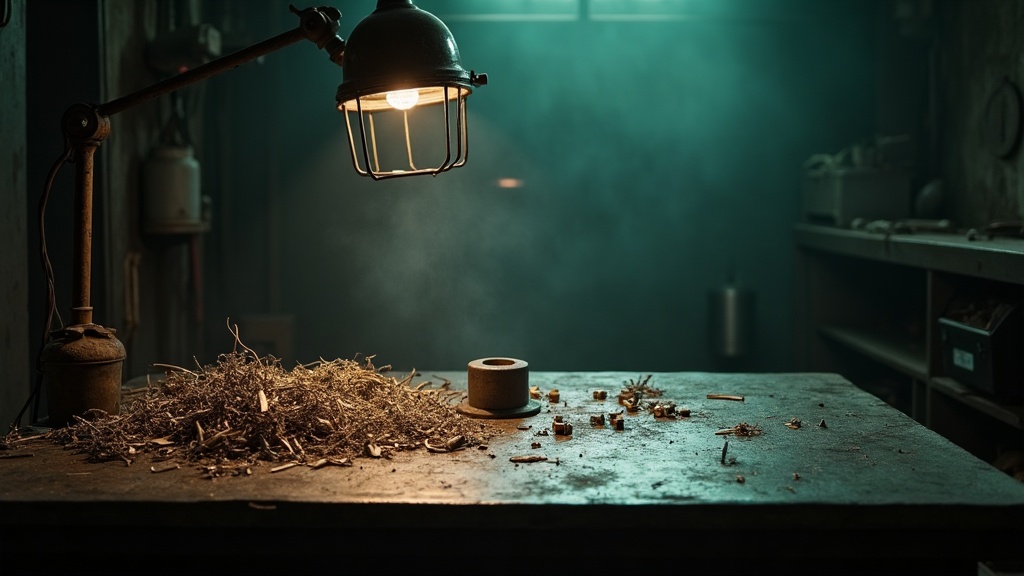 A steel workshop bench buried in curled metal shavings, offcuts and a half-squeezed tube left over from earlier work, with one clean untouched blank metal part set down on top of the pile.