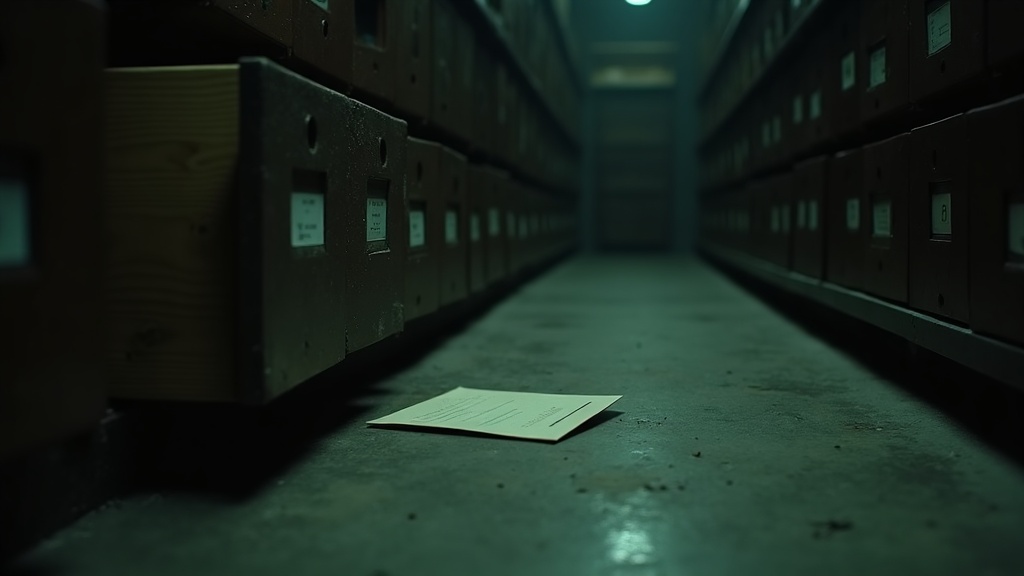 A single index card lying on the floor under an open wooden card catalog drawer in a dim archive, covered in dust