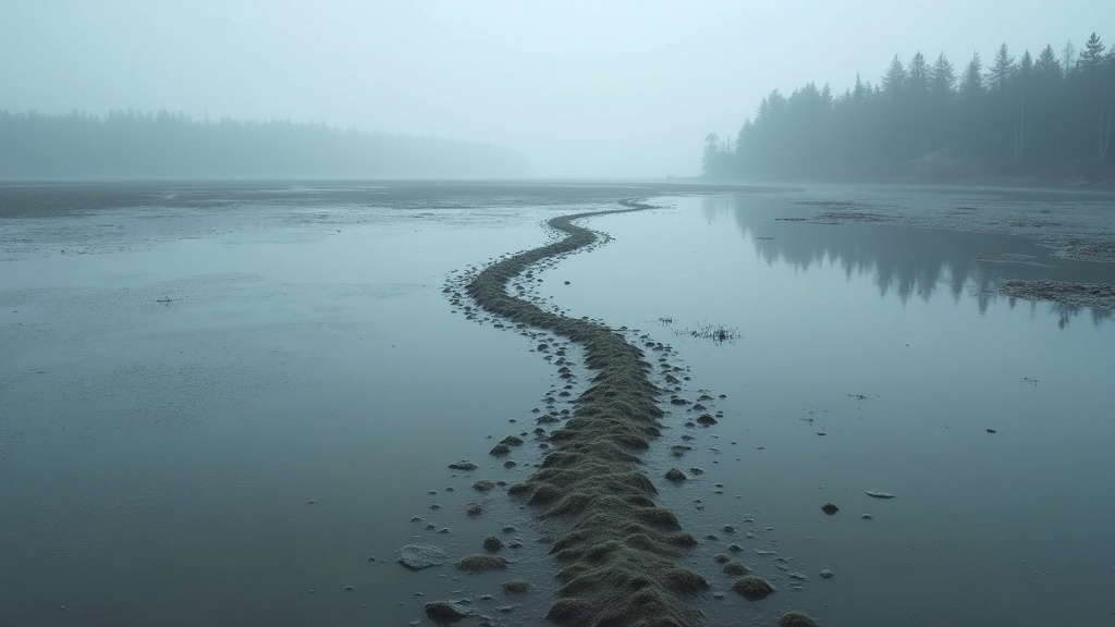 A line of boot prints crossing wet mudflat toward a distant treeline, the nearest print sharp and the trail receding into fog