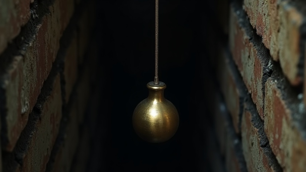 A heavy plumb bob hanging on a taut cord inside a dark vertical shaft, the cord's end clearly finishing high up while the shaft continues far below into blackness.