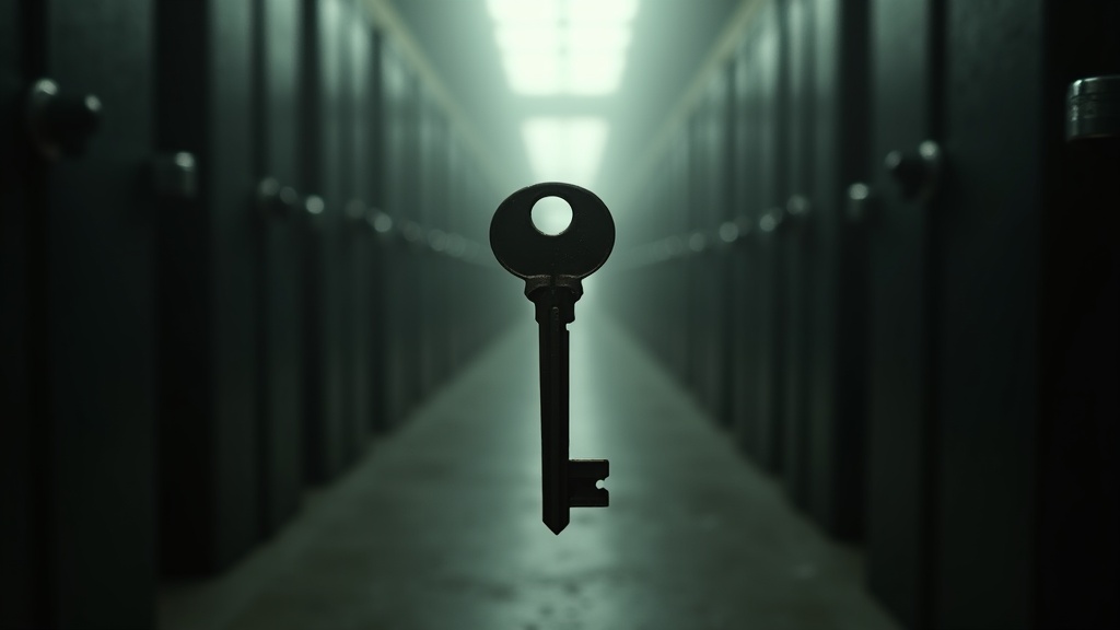 A single master key held up to the light, dozens of identical closed doors receding out of focus behind it