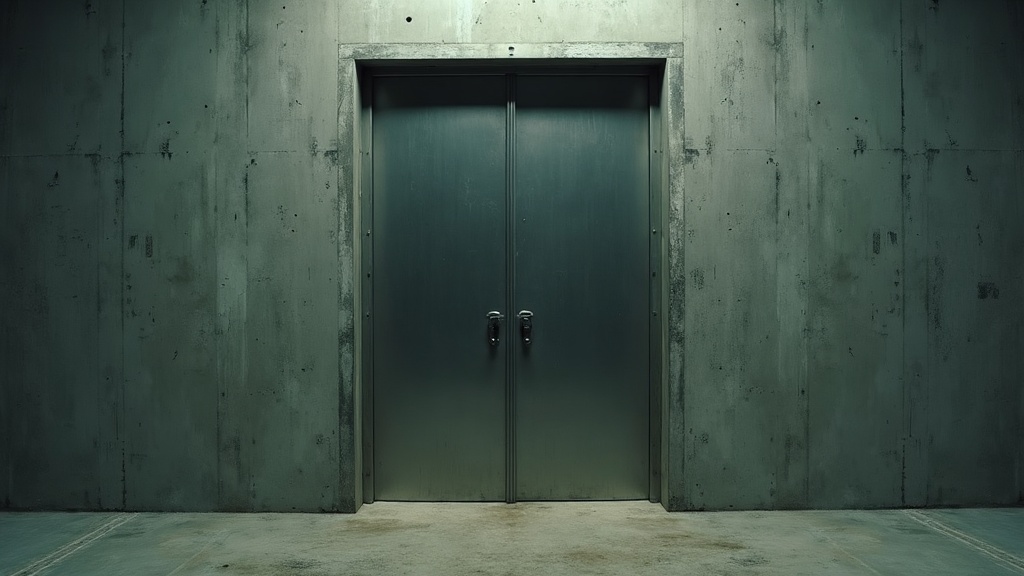 A heavy steel door standing ajar in a bare concrete wall, opening not onto a room but onto a solid blank panel only a few centimetres behind it.