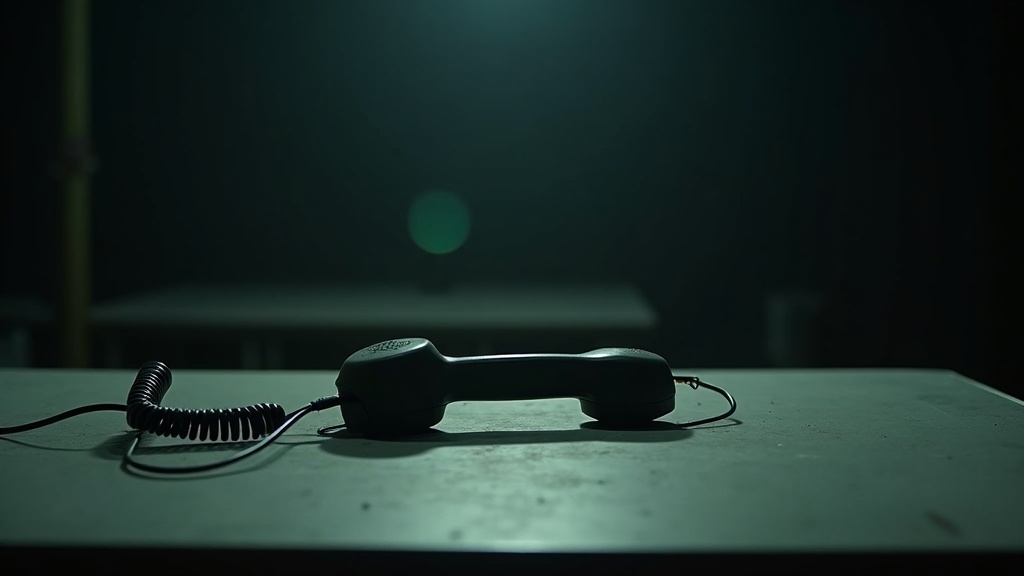 A corded telephone handset lying off its cradle on a bare metal table, its coiled cable running forward and ending in a cut, frayed, unterminated end lying in the light.