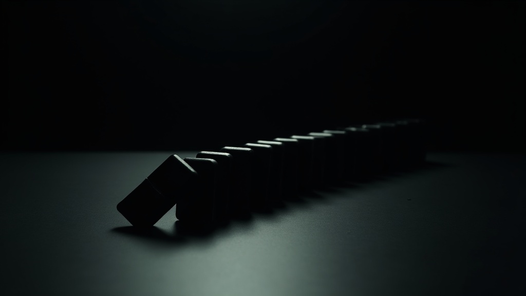 A long line of identical dominoes standing on a dark surface. The first two have fallen flat and the third is tilting into the fall; the rest of the line recedes upright into the dark.
