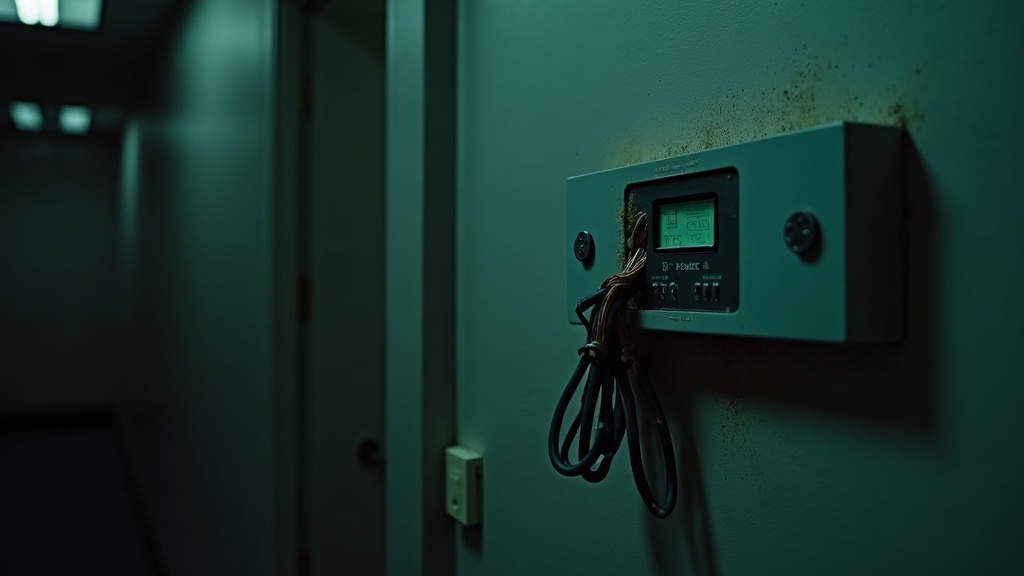 A wall-mounted alarm panel in a dark service corridor with its metal conduit cut open and a bundle of severed wiring pulled loose and hanging down the wall.