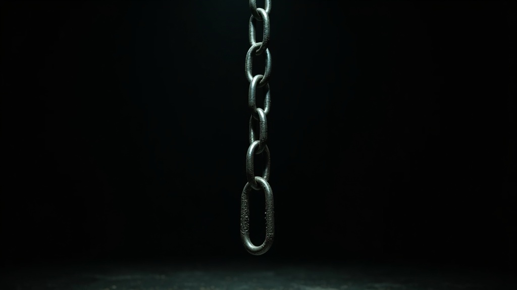 A heavy iron chain hanging in darkness with one link cleanly severed