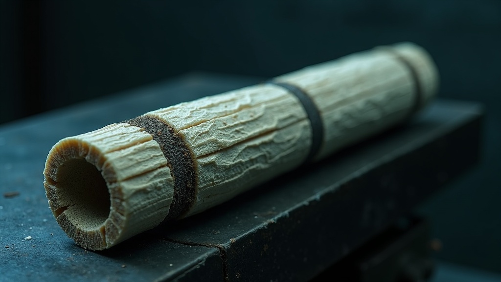 A sediment core sample lying on a dark bench, one distinct dark band running through the pale layers