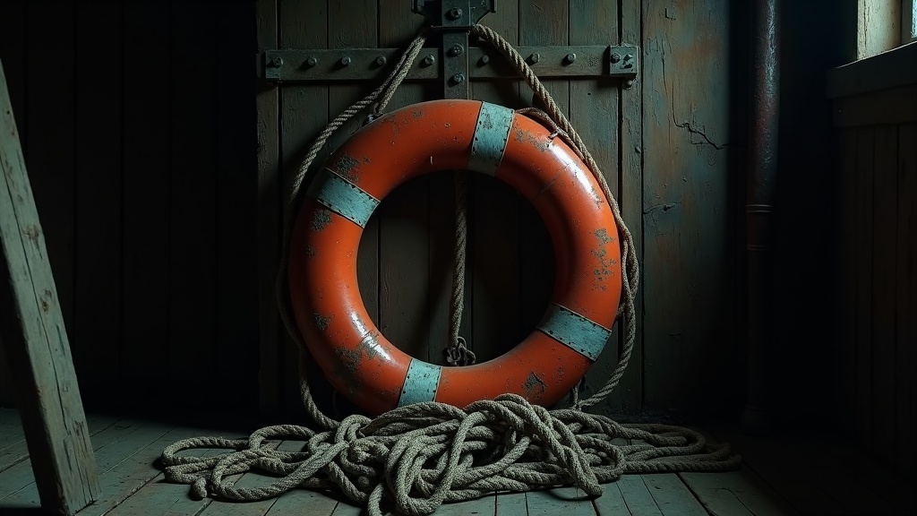 A lifebuoy ring still bolted to its wall bracket in a dark shed, with the rope beneath it rotted through and lying in frayed pieces on the floor.