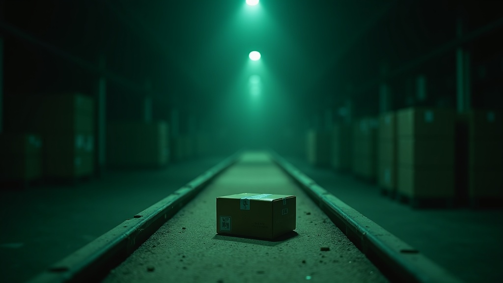 A single parcel set aside on an otherwise empty sorting belt in a dim warehouse