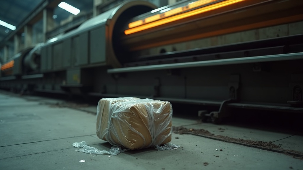 A replacement machine part still sealed in its wrapper lying on the floor beside a machine that is still running at speed