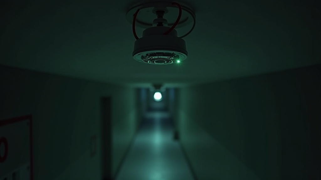 A ceiling smoke detector hanging open by its wires with the battery removed