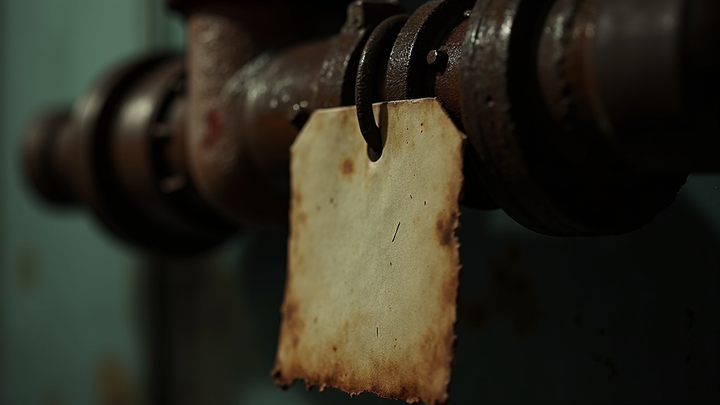 A faded paper lockout tag hanging from an industrial valve handle by a corroded wire seal