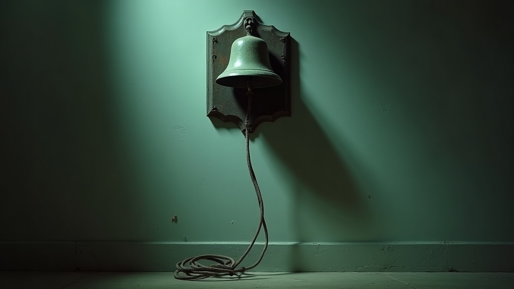A cast-iron alarm bell on a wall bracket, intact and polished, with the pull cord that should ring it cut clean through, the severed end hanging slack and the rest coiled on the floor below.