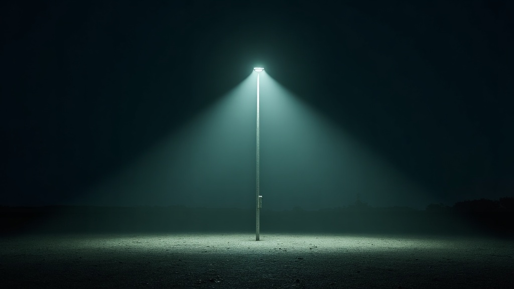 A floodlight on a pole throws a wide beam across flat open ground at night. A single upright post standing in the beam casts a hard wedge of total blackness across the lit ground behind it.