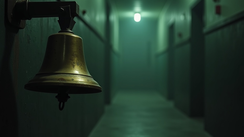 A single large brass alarm bell hanging in darkness with its clapper missing