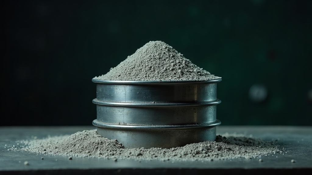 Three graded metal laboratory sieves stacked on a dark bench. The top sieve is heaped and completely clogged with fine grey grit; the two beneath it are visibly clean and empty.