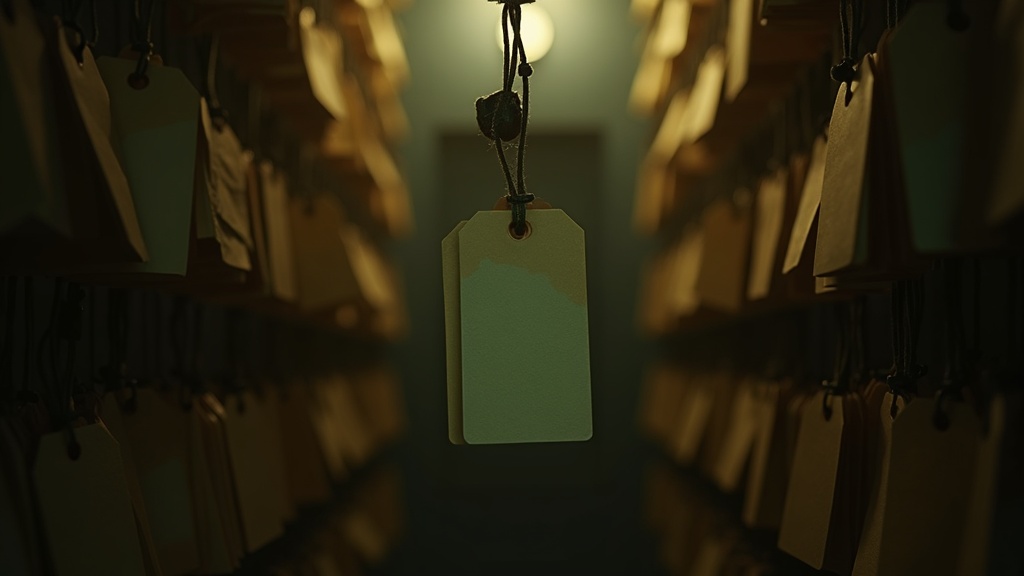 A dense wall of small blank paper tags on strings, nearly all faded and curling, one at the centre still crisp