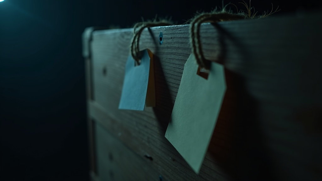 Two blank paper inventory tags tied to the same sealed crate, only one of them lit
