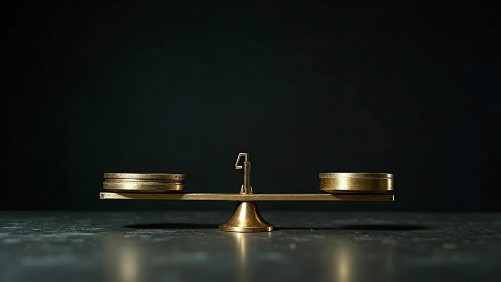 A brass equal-arm balance with its beam tipped hard to one side by a single weight on one pan, beside a row of polished steel weights in descending size with one gap where a weight has been taken.