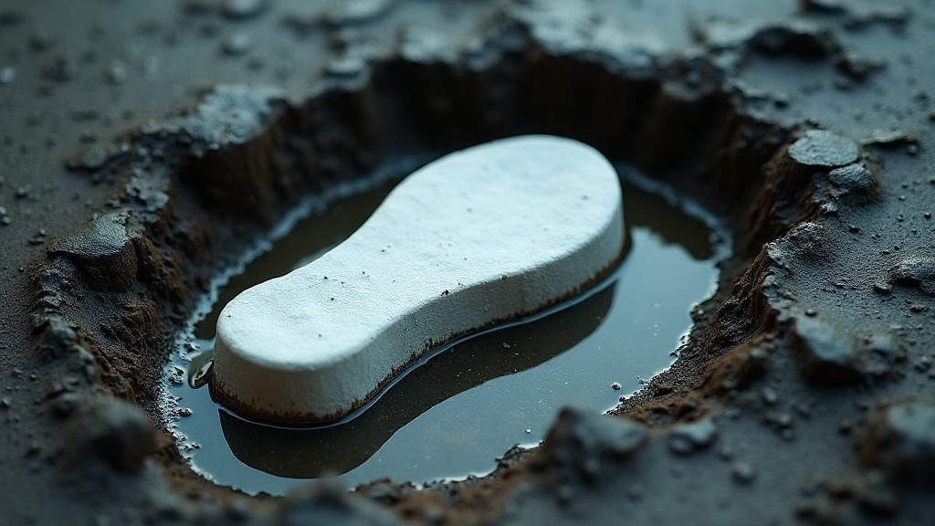 A hardened white plaster cast lying on wet dark clay beside the deep footprint impression it was lifted out of, the empty impression slumped at the edges and holding standing water.