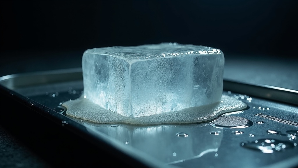 A block of clear ice melting on a steel evidence tray, meltwater pooling under it