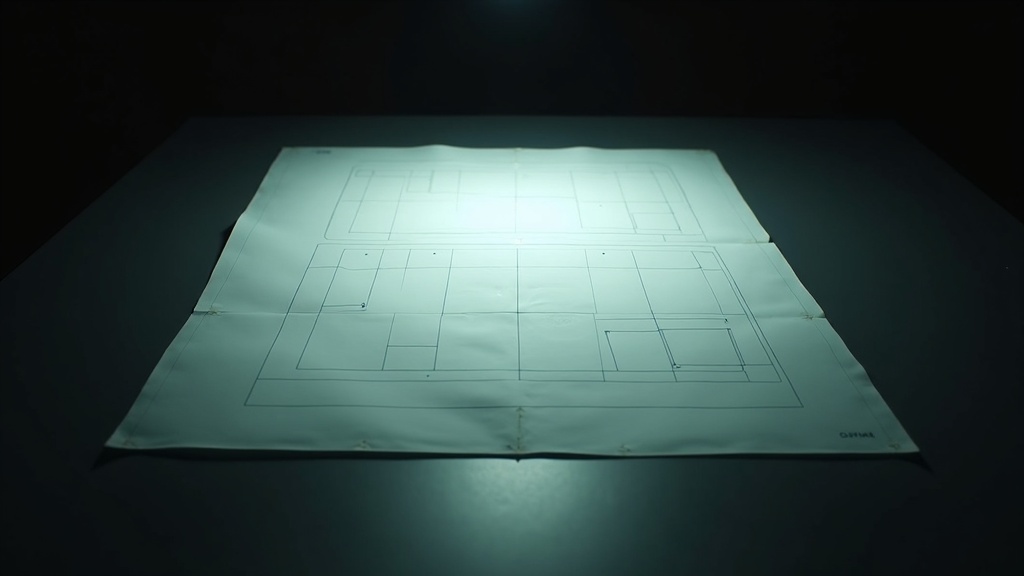 Two identical translucent drafting sheets laid one over the other on a dark table. The upper sheet is clearly shifted out of alignment, so every drawn line appears twice with a visible gap between each pair.