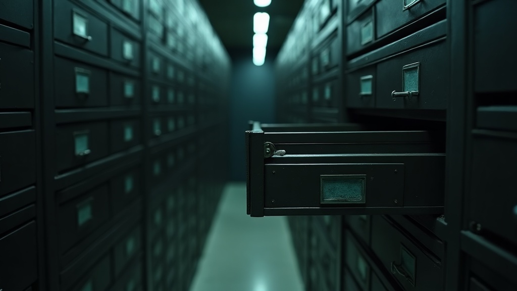 A wall of identical shallow steel drawers, all closed but one. The single open drawer is pulled fully out toward the camera, lit from inside, and is completely empty.