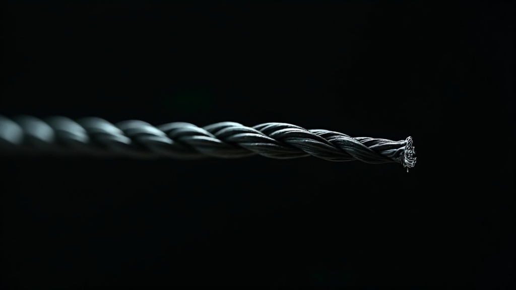 A braided steel cable with one strand pulled loose and frayed, unable to splice into the others