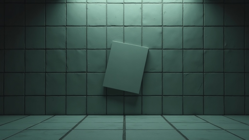 A wall of identical matte painted square tiles in a regular grid, with one tile lifted out and turned around in front of it, showing that behind its identical painted face it is a hollow empty shell.