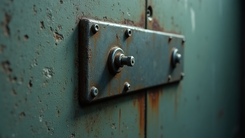 A heavy steel plate bolted flat to a concrete wall, all of its countersunk holes empty and rusted open except one bright new screw driven hard into the wall, holding the whole plate up.