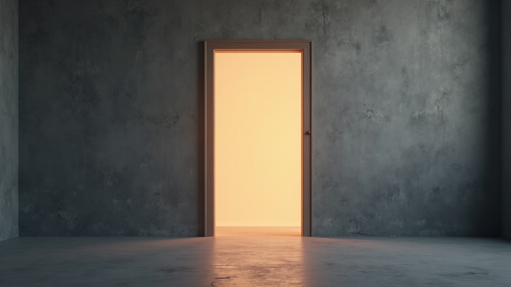 A freestanding door frame in an empty concrete room with no wall around it, faint light falling through the opening