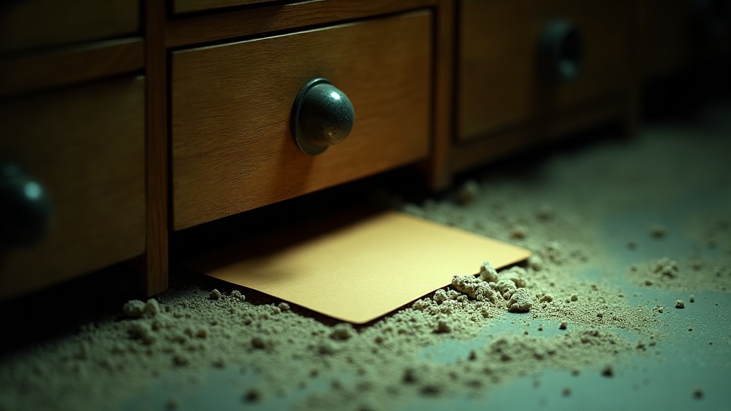 A single index card lying face down in thick undisturbed dust on the floor beneath a card catalog cabinet, with one drawer hanging half open above it.