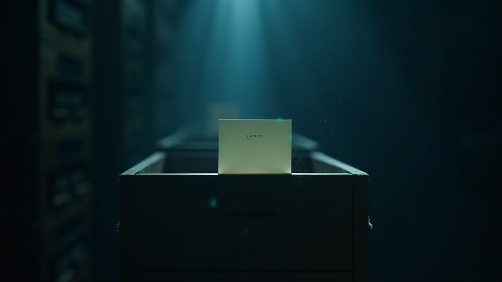 A single index card pulled halfway out of a long wooden card catalogue drawer in a dark archive