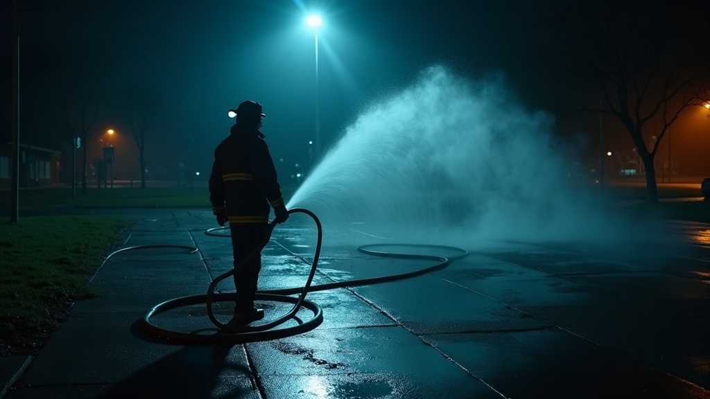 An unattended fire hose whipping on wet concrete under a single floodlight, water blasting into an empty drain with nobody in frame