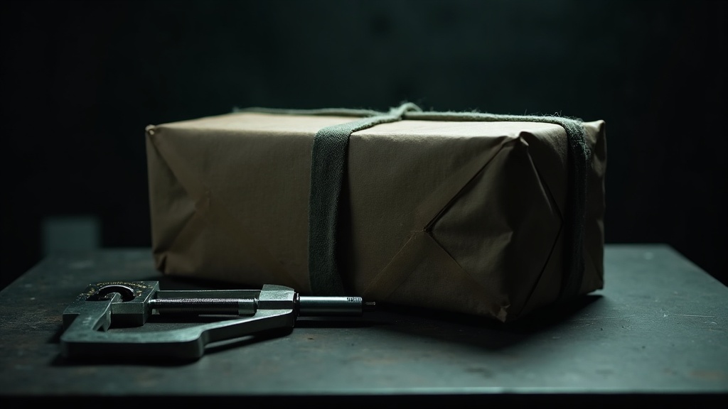 An opaque parcel wrapped tight in dark paper and taped shut, standing on a dark bench with a machinist's caliper closed precisely around its width.