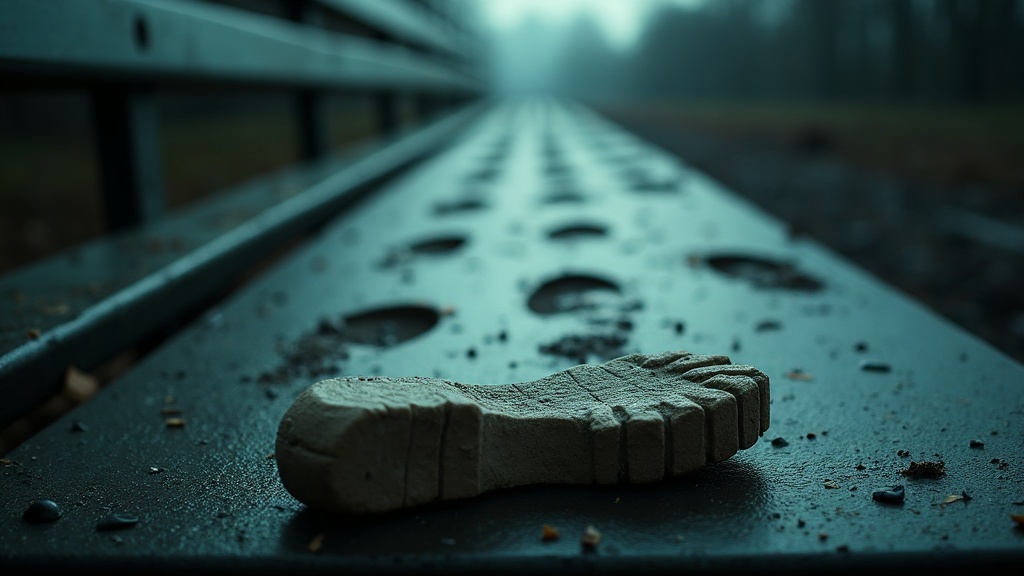 A plaster cast of a single boot print lying face up on a steel bench, with the line of prints it was taken from running away across wet ground behind it into darkness.