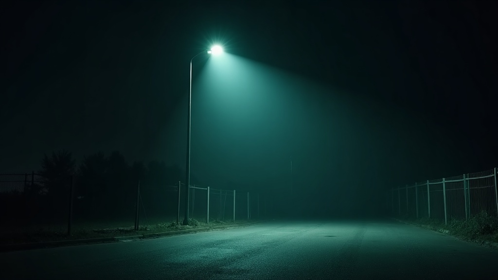 A floodlight sweeping open ground at night with one hard wedge of complete shadow cast behind an upright post
