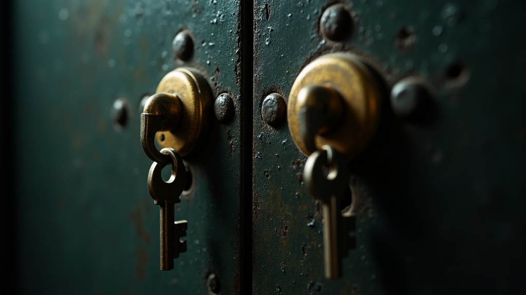 Two brass keyholes set side by side in a heavy weathered steel panel, with a key pushed into each one and turned fully over.