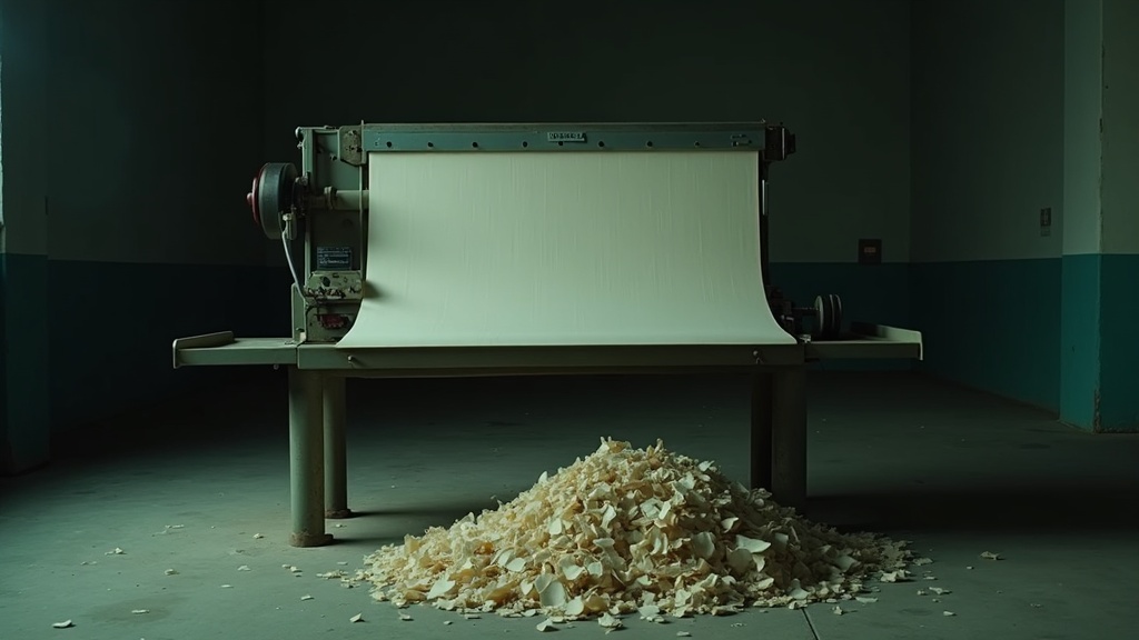 A drum chart recorder on a bench with its inked pen still drawing an unbroken line on the moving paper, the finished roll spilling off the machine and heaping in a deep untouched pile on the floor beneath it.