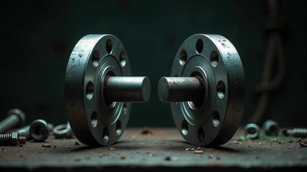 Two heavy machined pipe flanges pressed face to face on a dark bench. Their bolt holes are clearly offset by half a hole, so a single bolt has been forced through at an angle and every other hole is blocked by solid metal behind it.