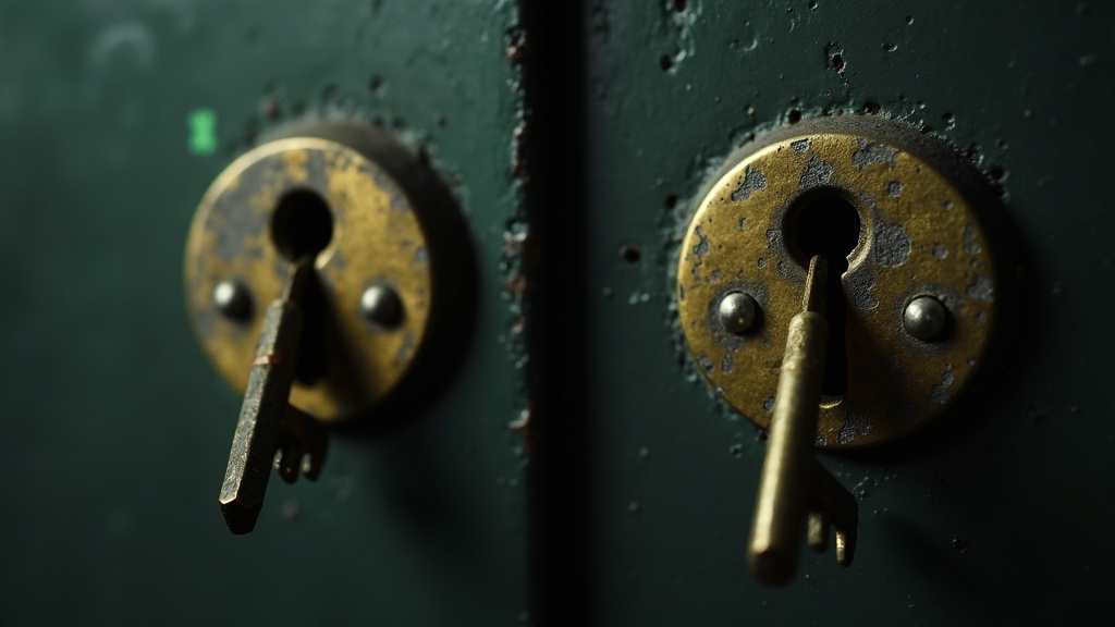 Two brass keyholes set side by side in a heavy steel panel, a key inserted and turned in each