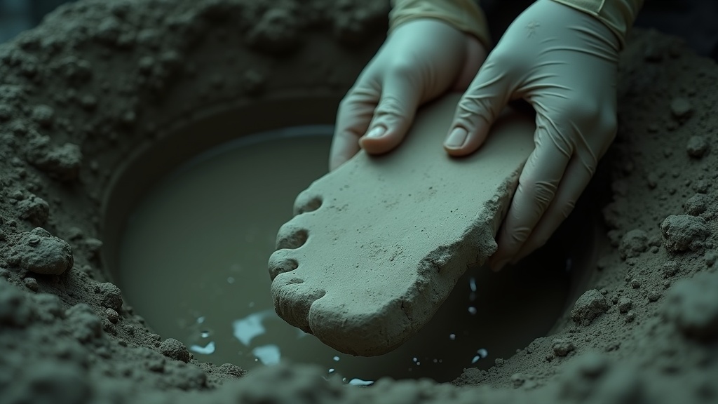 A plaster cast being lifted out of a footprint pressed into wet clay