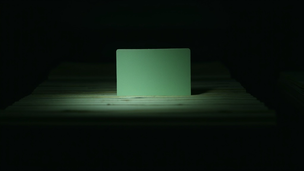 A single index card lifted from a dense card catalog drawer, its edges catching light