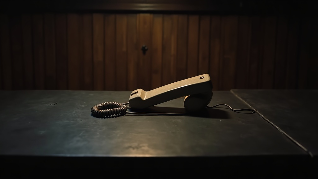 A corded handset lying off the hook on a bare table, cable running out of frame into darkness